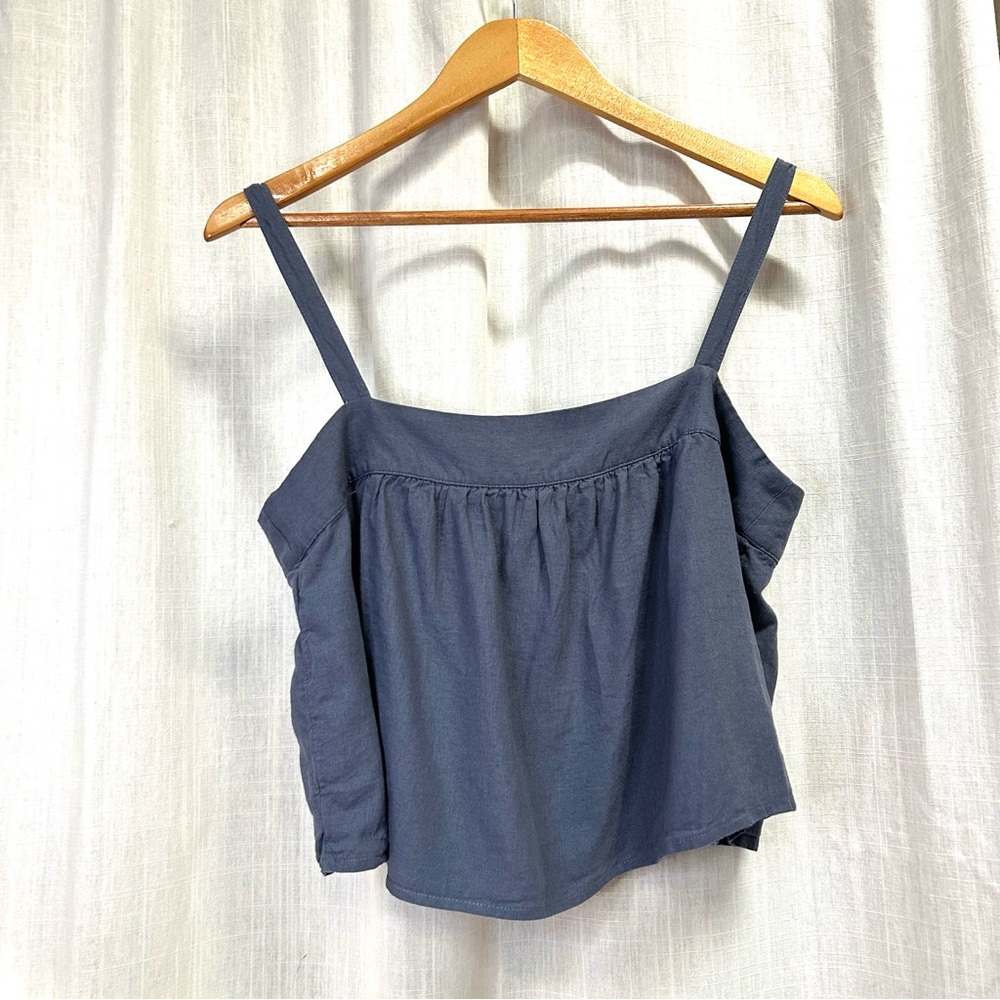 A&F Linen Blend Cropped Trapeze Cami blue top size small tie back